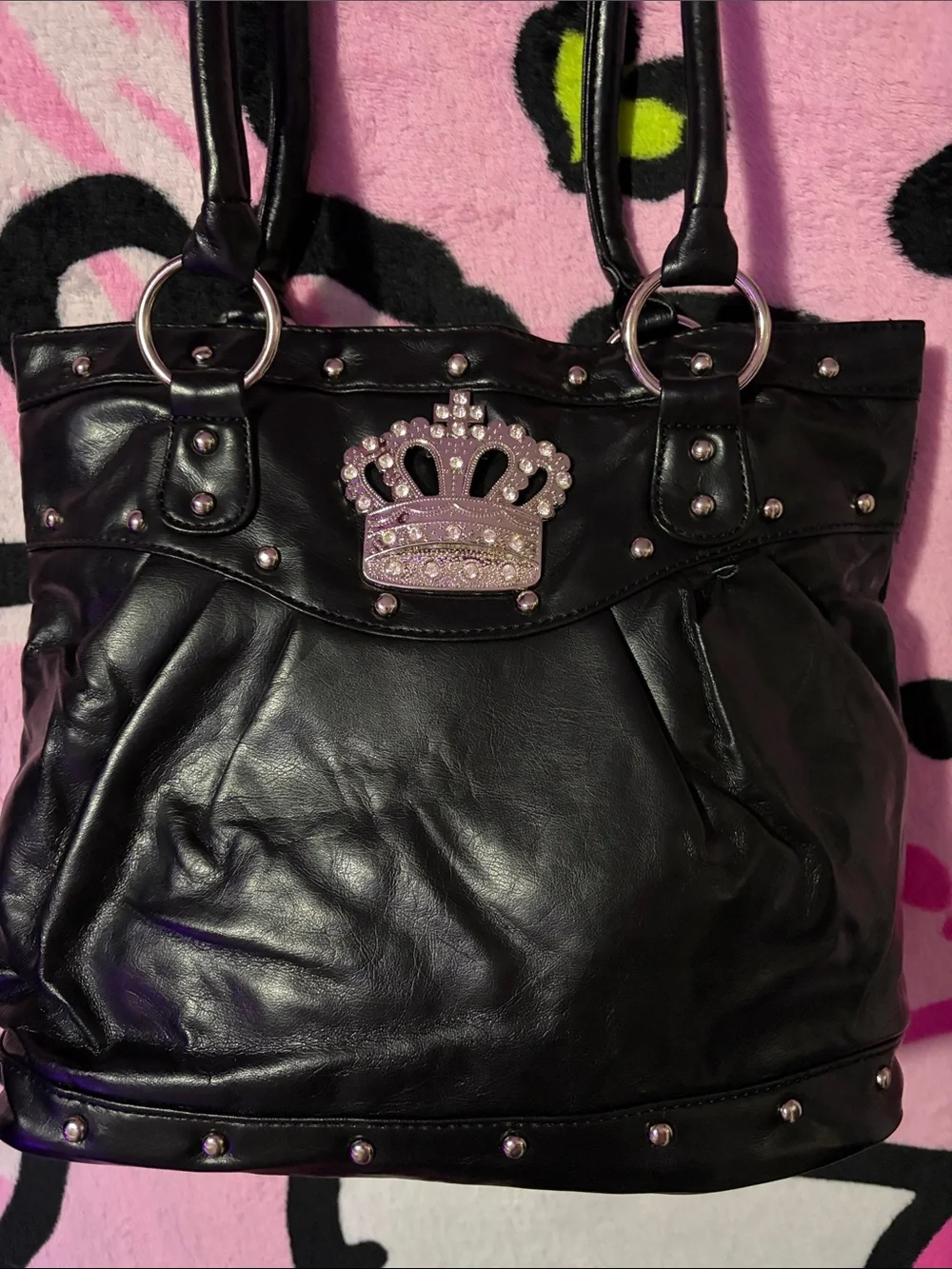 Black Studded Tote Bag with Crown Emblem